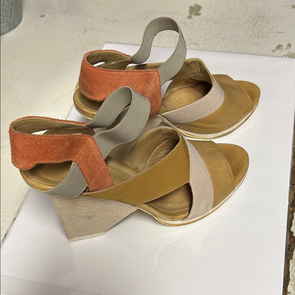 LD Tuttle Stylish Multi-Color Wedge Sandals. Easy on with stretchy strap.